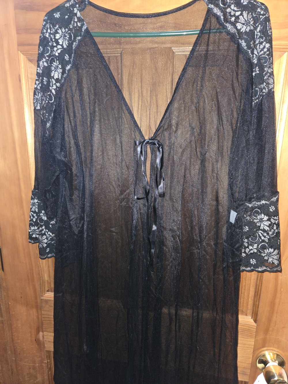 Sheer Black Lace-Trim Robe with Tie Front